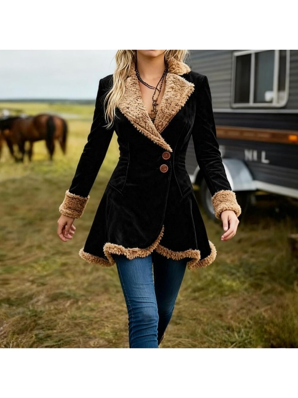 Women's Black Faux Leather Long Sleeve Casual Outfits Slim Fit Fleece Jackets - Picture 2 of 5